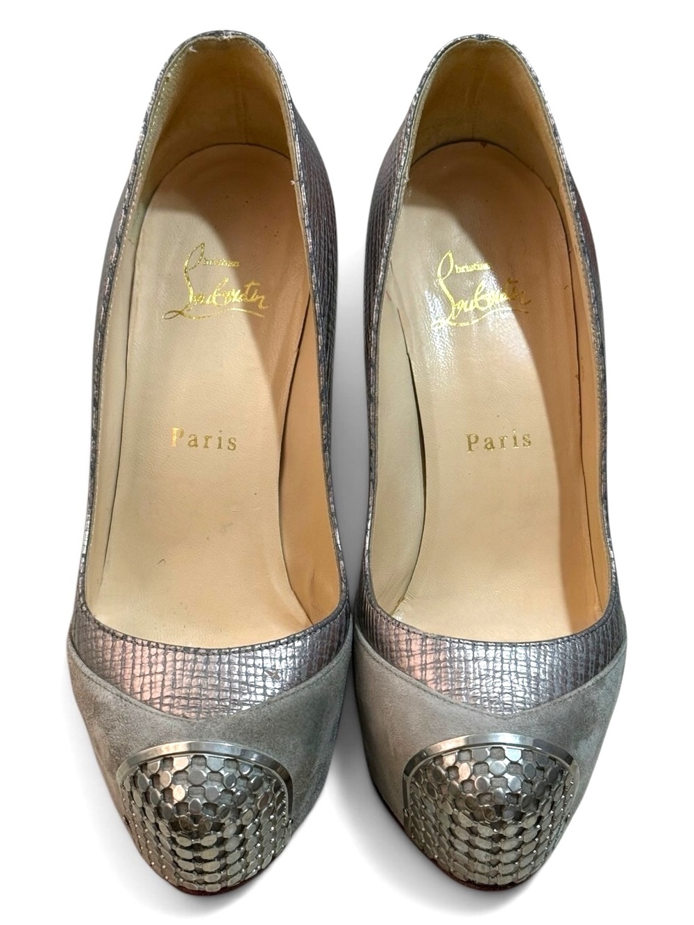Christian Louboutin Grey Suede and Leather Maggie Platform Pumps Size 37.5